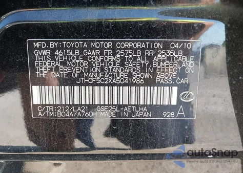 2010 Lexus Is 250 from USA, damaged, VIN JTHCF5C2XA5041986